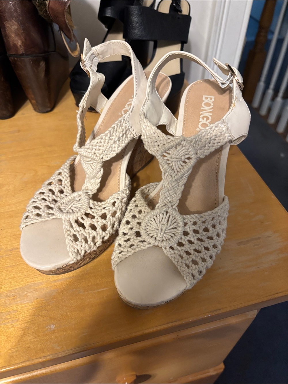 BONGO Cream Crochet T-Strap Wedge Sandals